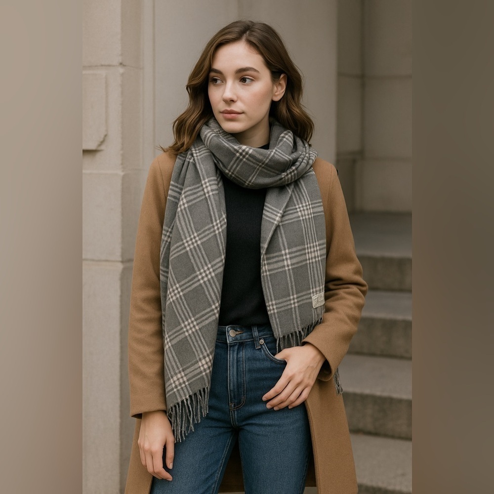 Italian Design Cashmere Feel Plaid Scarf Gray Tartan Fringe Wrap Unisex Preppy